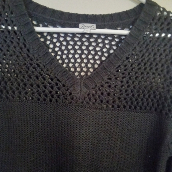 Charcoal Grey Open Knit Long Sleeve V Neck Sweater - Picture 3 of 15